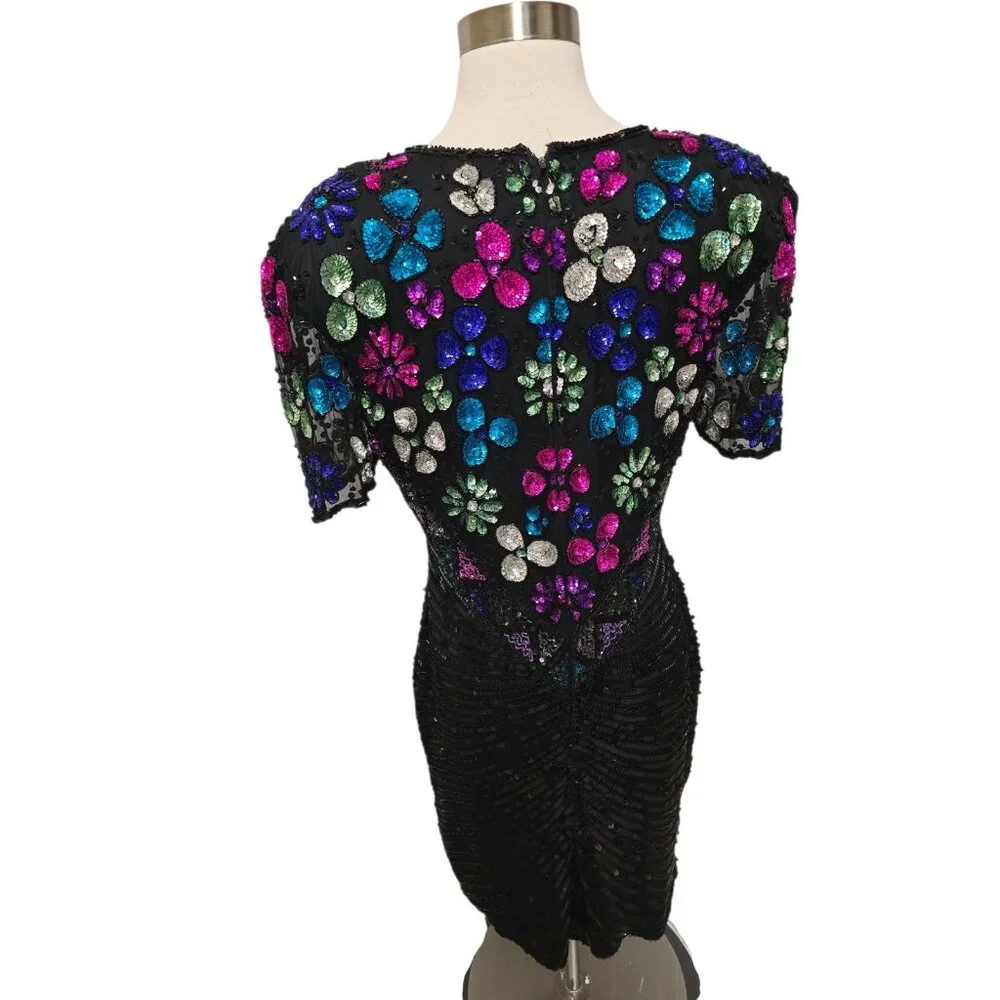Vintage 90s Fully Sequin Dress Womens Size Medium Black Formal Party Sweelo - Picture 4 of 10